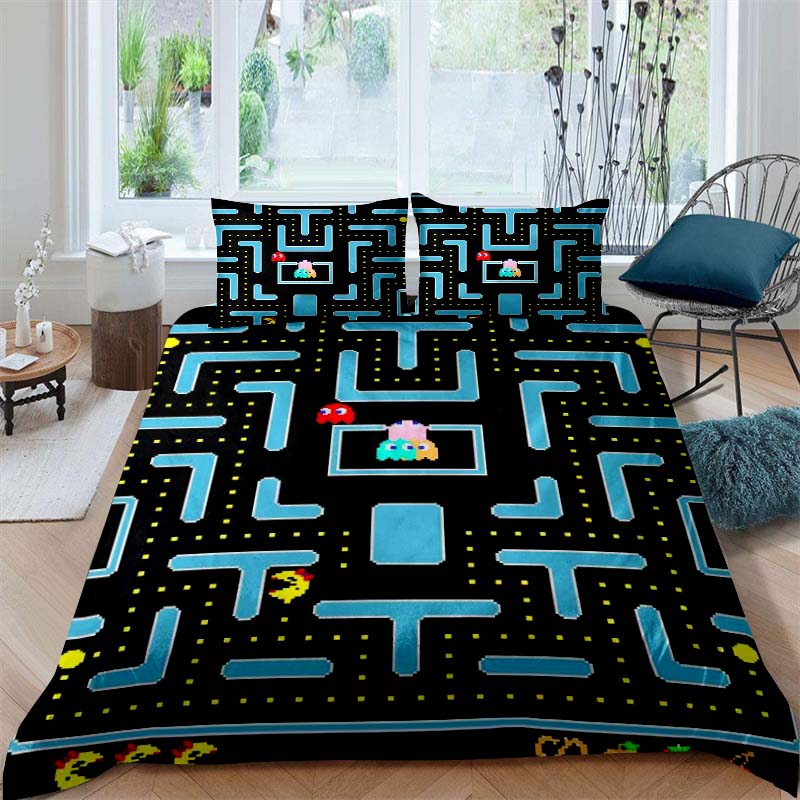 Детский развивающий постельный комплект с принтом Pac-Man, включающий пододеяльник и две наволочки, — идеальный праздни