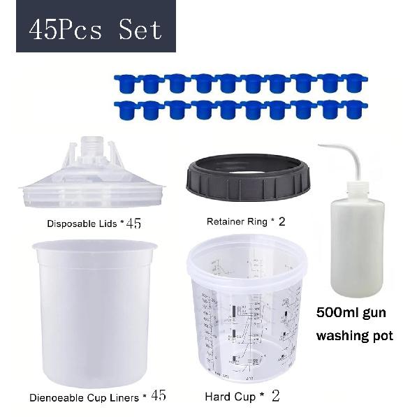 45pcs Spray Gun Paint Mixing Cups – Disposable Paint Cups 180/400/600/800ml, H/O Quick Change No-Clean Cups for Spray Painting