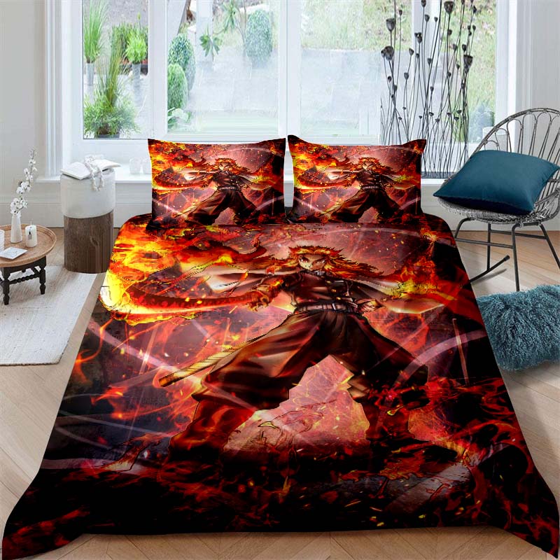 This Three-piece Anime Print (Kimetsu No Yaiba) Bedding Set—including A Duvet Cover and Two Pillowcases—is The Perfect Holiday