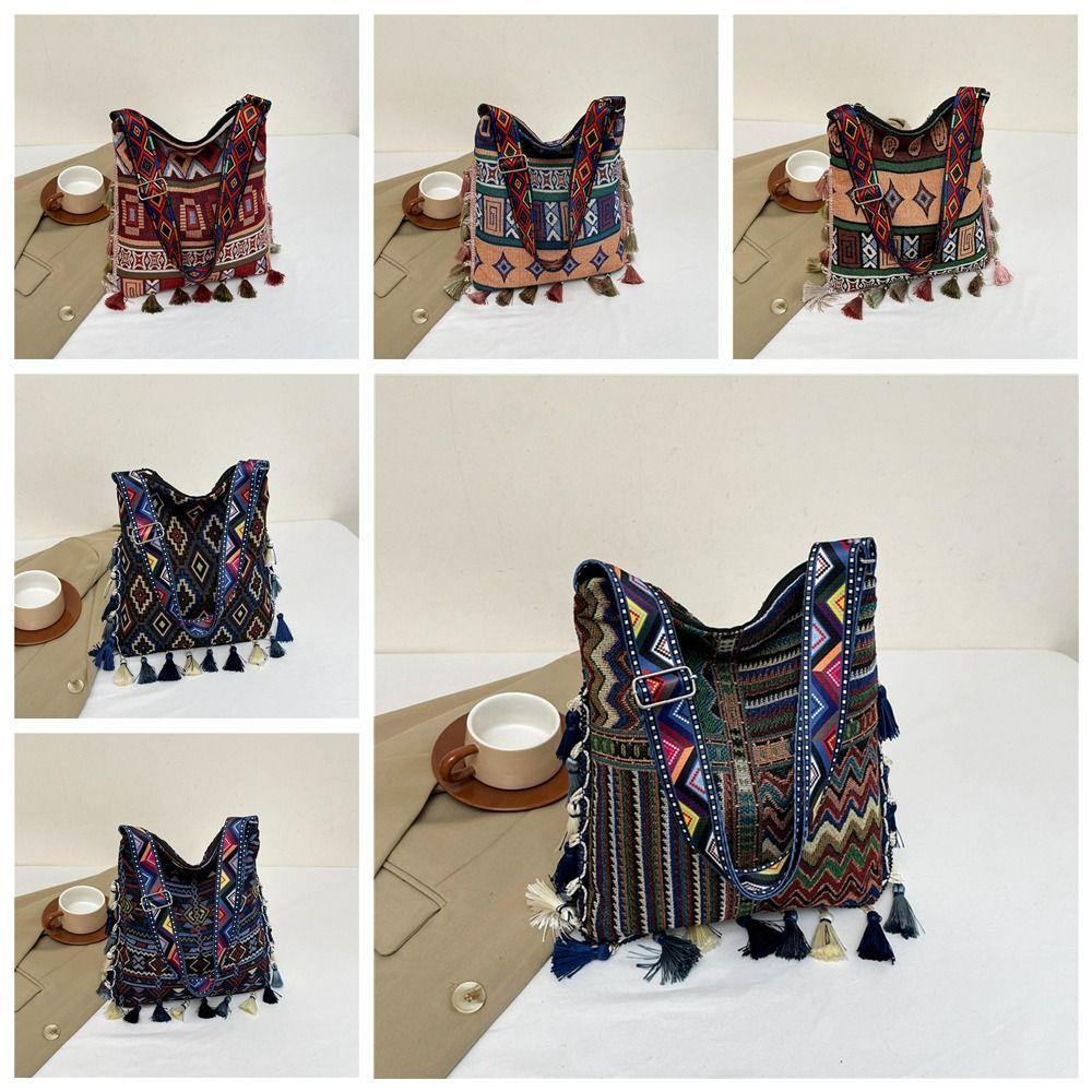 Large Capacity Ethnic Style Crossbody Bags Geometric Bohemian Tote Bag Tassel Shoulder Bag  Travel