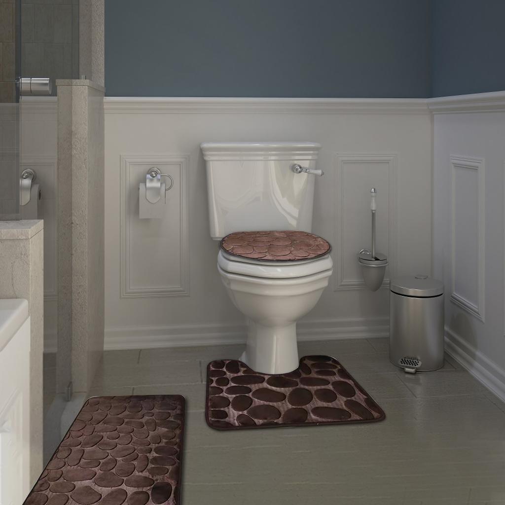 Набор декоративных ковриков для ванной комнаты из 3 предметов: большой плюшевый коврик из синели, коврик и чехол на сиденье унитаза с нескользящей резиновой подложкой