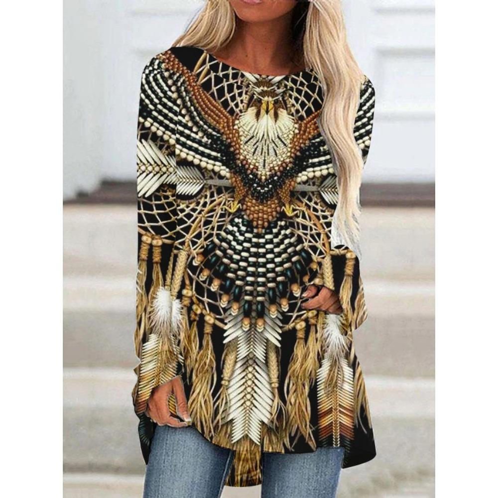 Футболка 3D Принт Футболки Женская Модная Футболка Длинный Рукав Этнические Топы Футболки Футболка с Принтом в Этническом Стиле Длинные Топы Женские