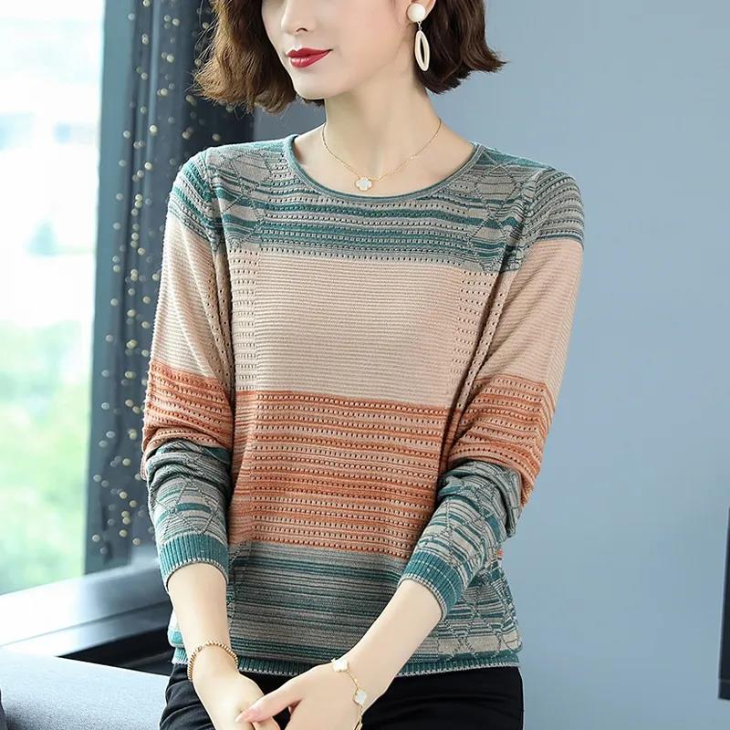 Striped Sweater Knitted Pullover Thin Round Neck Long Sleeves Women's Top Casual Undershirt Commute Spring Autumn