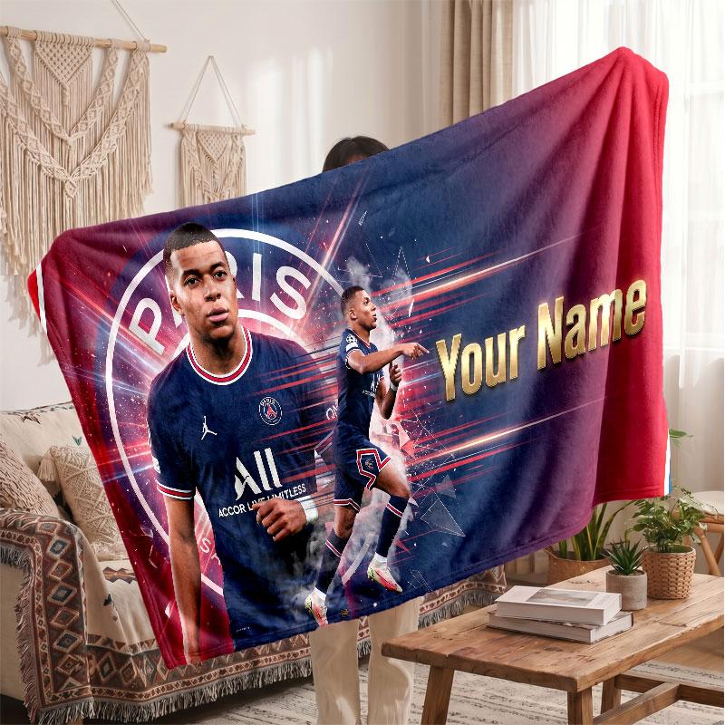 Kylian Mbappe Personalized Fleece Blanket With Football Logo, Custom Name Text Soft Warm Home Throw Blanket