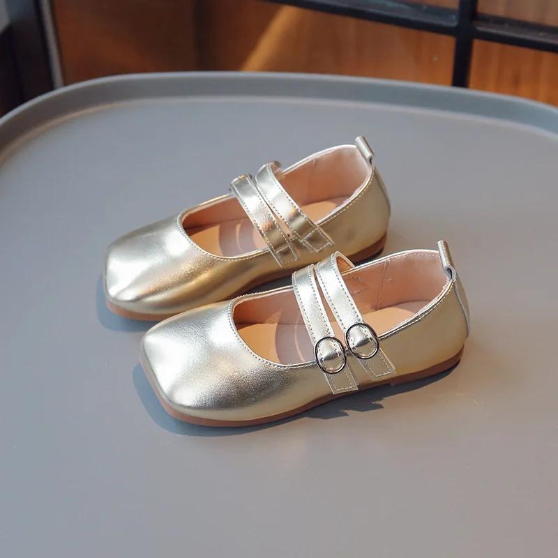 Children's Leather Shoes Spring Autumn Fashion Kids Performance Shoes Solid Color Gold Silver Girls Causal Flats Single Shoes