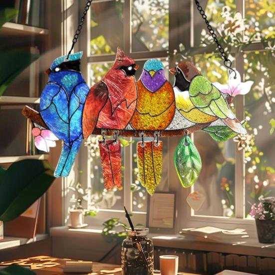 Birds On A Branch Suncatcher Stained Glass Acrylic Window Hanging Decoration with 4 Birds for Garden Home Decor Bird Lover Gift for Mom Grandma
