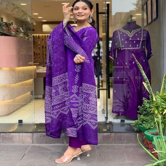 Vibrant Bandhani Printed Kurti Pant Set with Embellished V-Neckline