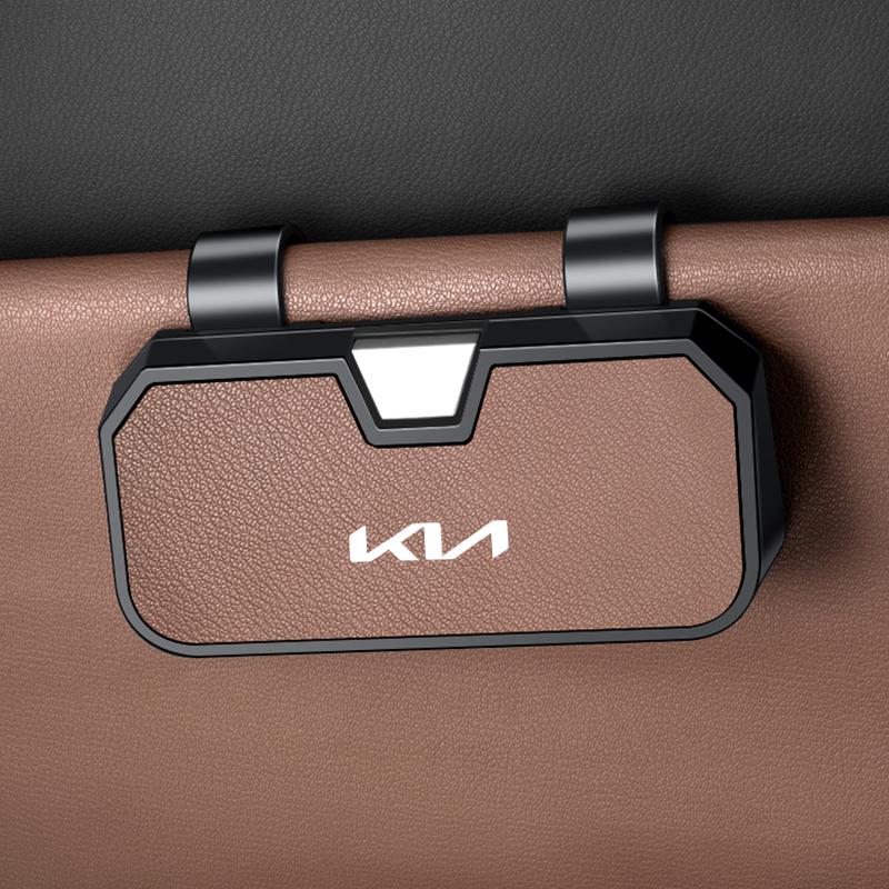 OUXU2 Car Emblem Visor Glasses Case Goatskin Sunglasses Holder Organizer Clip for Kia Sportage Sorento K5 K3 Seltos Rio Carnival Ceed
