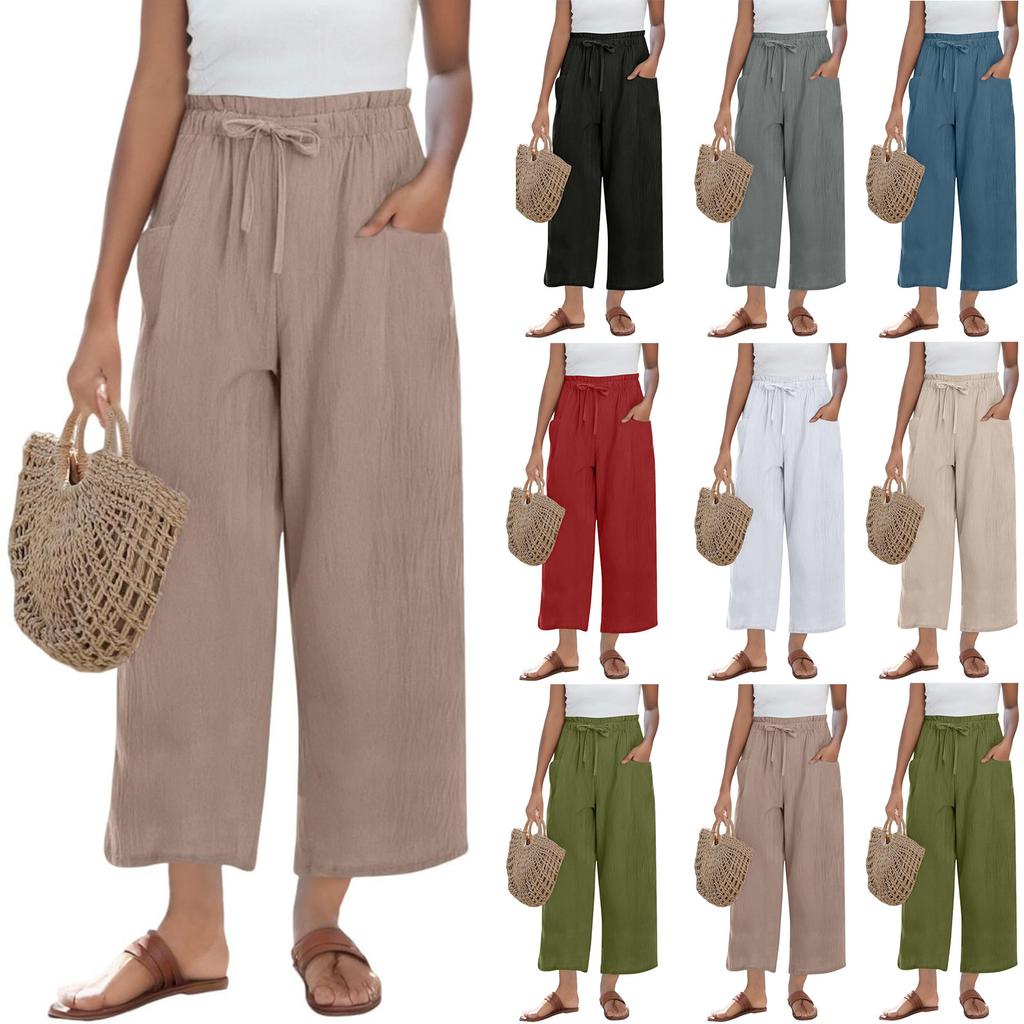 Women's Fashion Loose Leisure Solid Colour Cotton Linen Casual Nine Points Wide Leg Pants