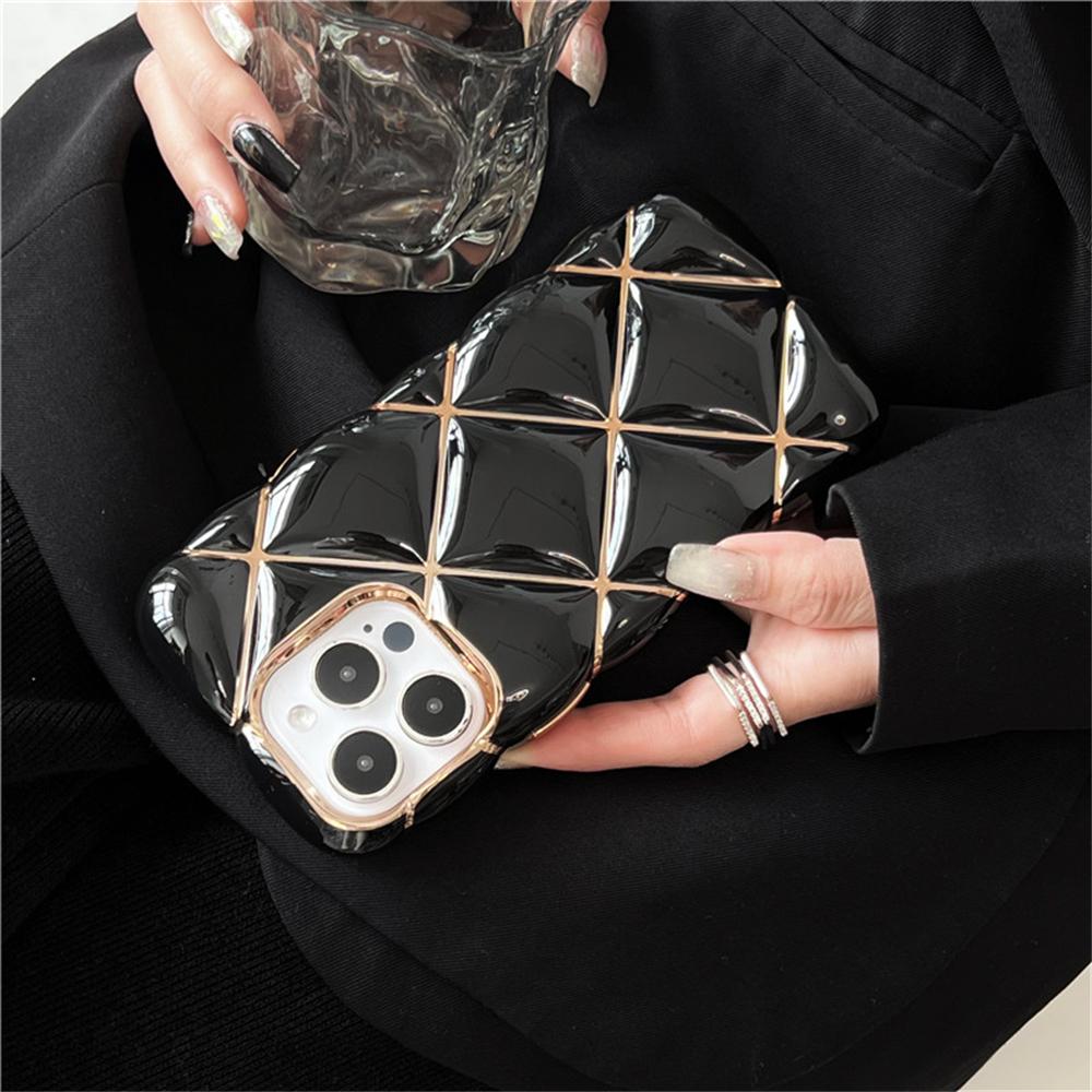 3D Luxury Diamond Lattice Air Cushion Color Plating Phone Case For 11 12 13 14 15 Pro Max Puffer Shockproof Back Cover