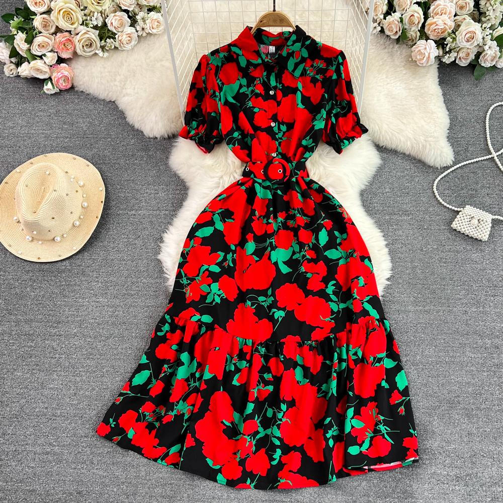 Vintage Robes Puff Short Sleeve Lapel Neck Vestido Wrapped Waist Slim Medium Length A-Line Print Dress