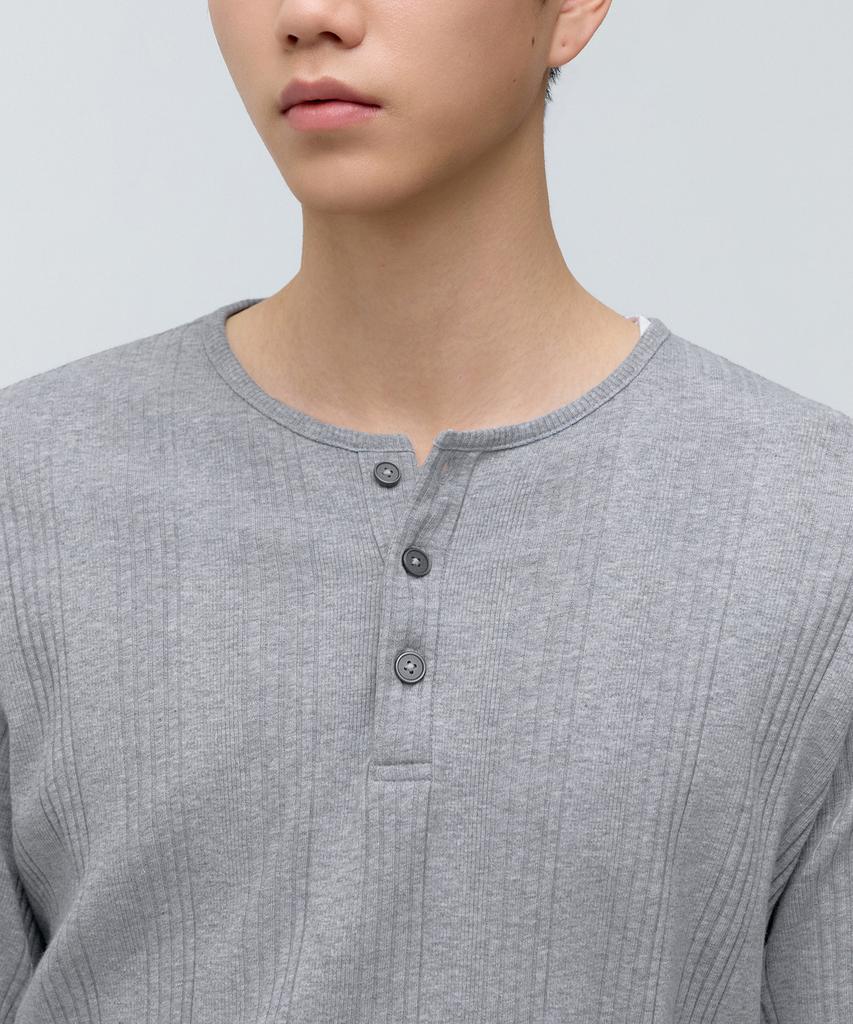 MUSINSA STANDARD Multi-Ribbed Henley Neck Long Sleeve T-Shirt [Medium Grey]