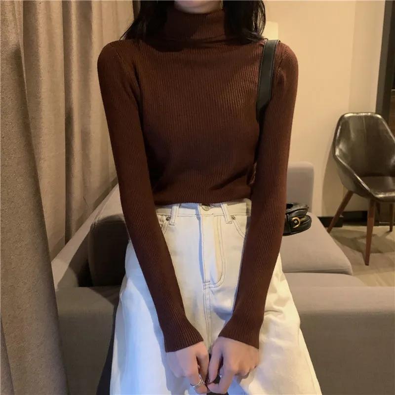 Turtleneck Pullovers Sweaters Women Autumn Winter Knitted Shirts Solid Color Long Sleeve Slim-fit Tight Jumper Tops