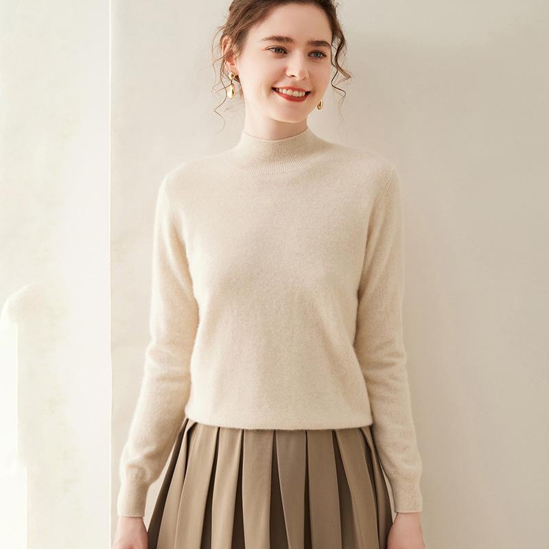 Women's Soft Cashmere Half-High Collar Sweater - Cozy, Loose-Fit, Solid Color, Gentle Style for Autumn/Winter.