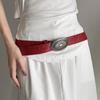 Leather Women's Red Belt Oval Buckle Jeans Belt Simple Rivet Belt  Wide Waistband
