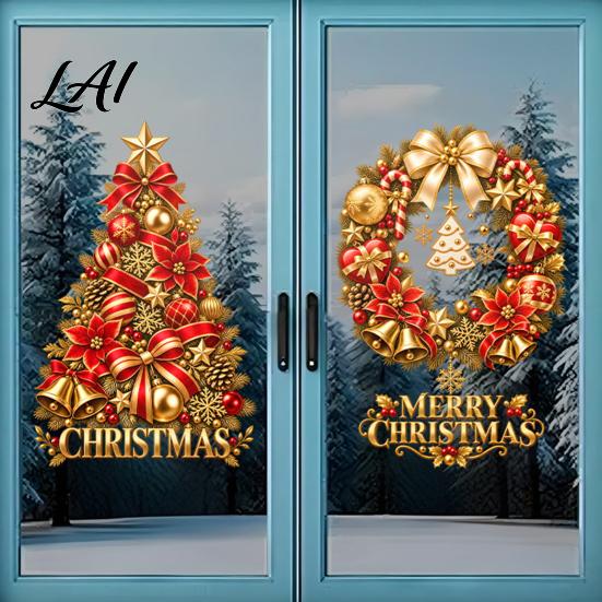 Easy Peel Glass Stickers Christmas Static Window Clings Tree & Wreath Stickers Cling Decorations PVC Reusable Decals for Shop Storefront,