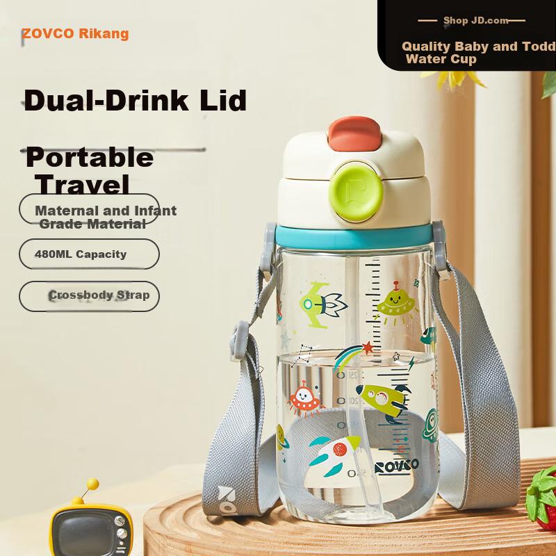 Rikang Children Dual-Drink Straw Cup Student Portable Water Bottle 480ml B1072-1 Mint Green
