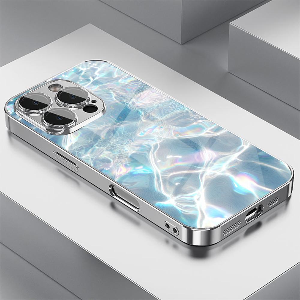 Shimmering Water Surface Silver Plating Glass Phone Case For iPhone 17 16 15 14 13 12 11 Pro Max Plus Anti‑Knock Back Cover