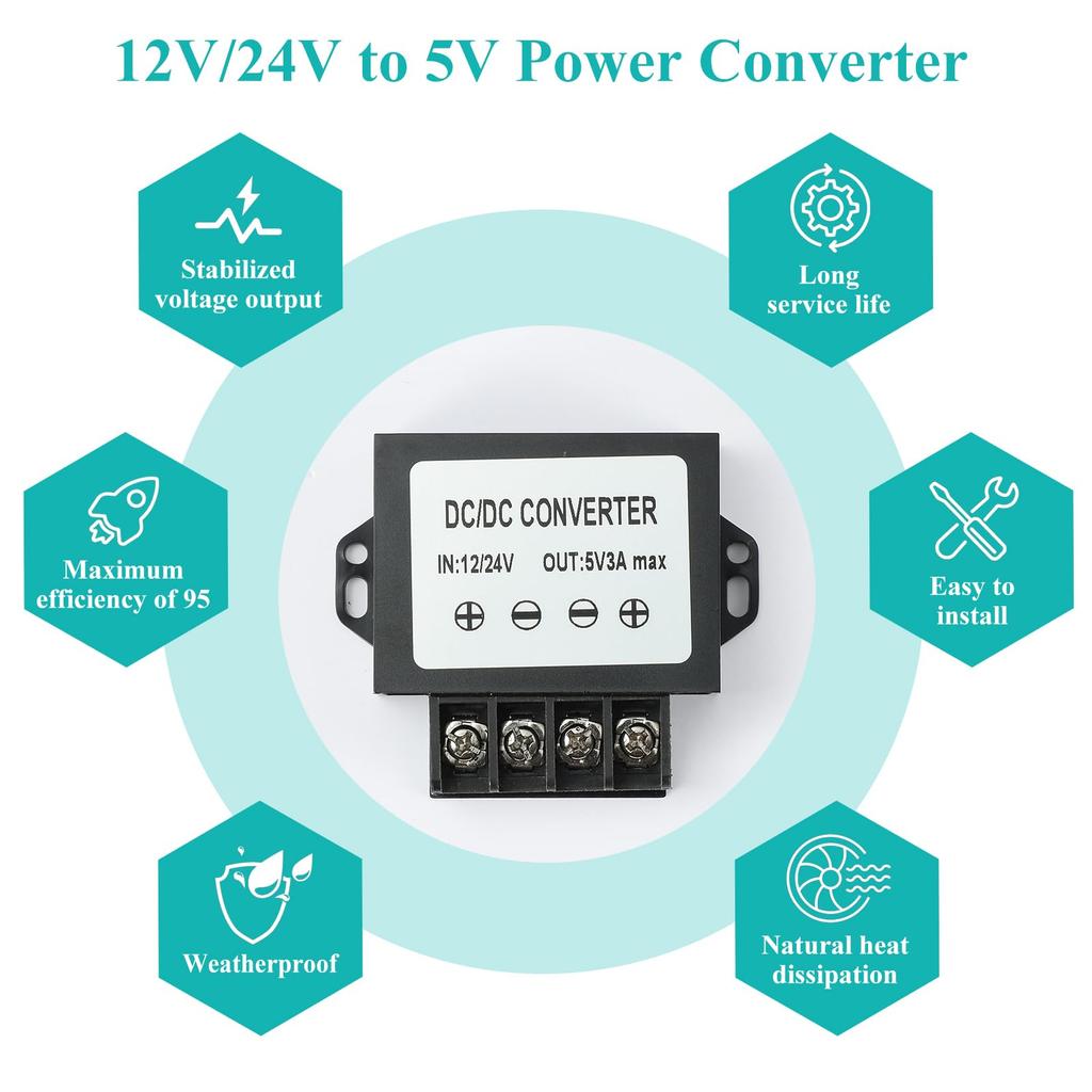 Mzhou 15W Двойной входной DC преобразователь в 5 В 3 А Простая установка для видеонаблюдения включает в себя бесплатную отвертку для USB-источника питания 12/24 В - Камера для грузовиков/автодомов, (ЕС