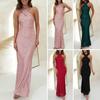 Women Evening Dress Shiny Sequin Halter Neck Sleeveless Backless Slim Fit Sheath Off Shoulder Pure Color Ankle Length Party Prom Wedding Maxi Gown