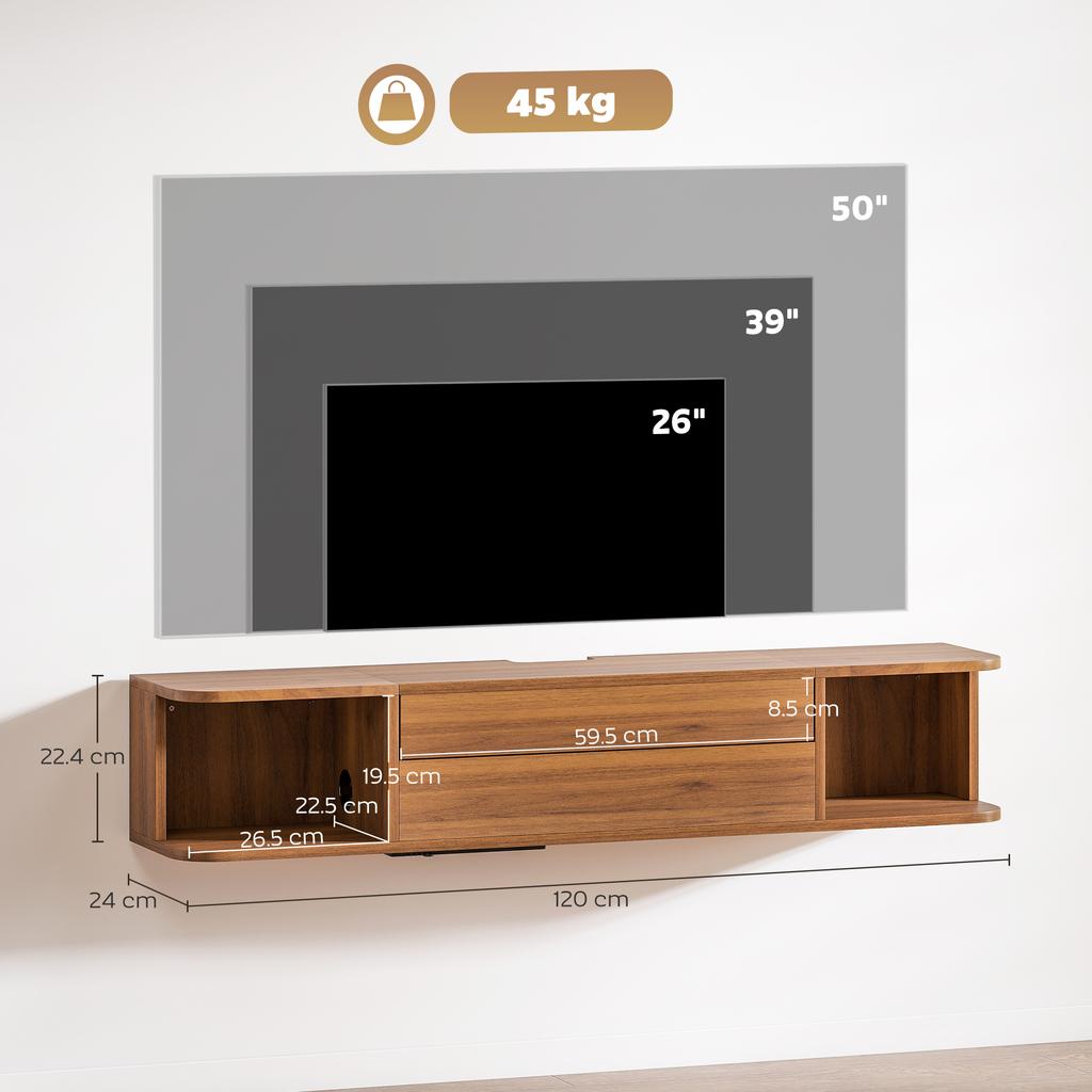 Настенный ТВ-шкаф для телевизоров до 50" с розетками, USB и Type C, выдвижным ящиком и полками, 120x24x22,4 см, Орех
