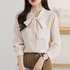 Women Shirt Lace-up Bowknot Collar Long Sleeve Casual Shirt Solid Color Loose Fit Chiffon Shirt Tops Daily Wear