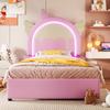 Flieks Children's Bed, Upholstered Bed 90x200 Cm for Girls with Unicorn-shaped Headboard, 16-color LED Strips and 2 Drawers, Pink