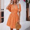 Summer New V-neck Short Sleeve Printed Casual Dress Women High Waist Floral Pleated Elegant Dress Woman Fashion Slim Fit Vintage Dresses 24560