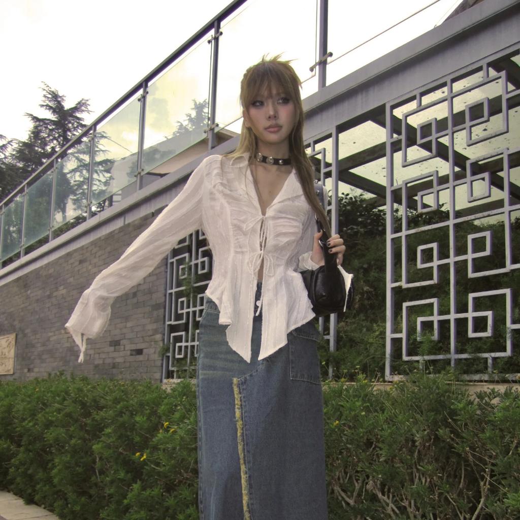 2KWEIRD Y2k Aesthetics Pleated Shirt Fairycore Lace Up Blouse Trashy 2000s Style V-neck Shirt Irregular Japanese Harajuku 90s