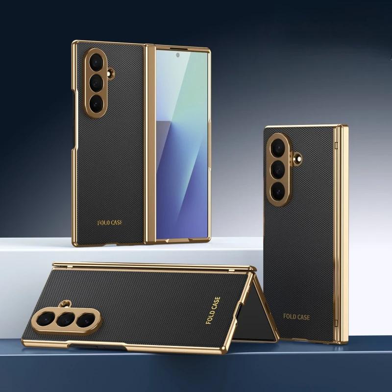 Защита шарнира Электроplated Рамка Кожаный Чехол для Samsung Galaxy Z Fold 8 Ultra 7 6 5 4 3 Полное Покрытие с Защитой Экрана