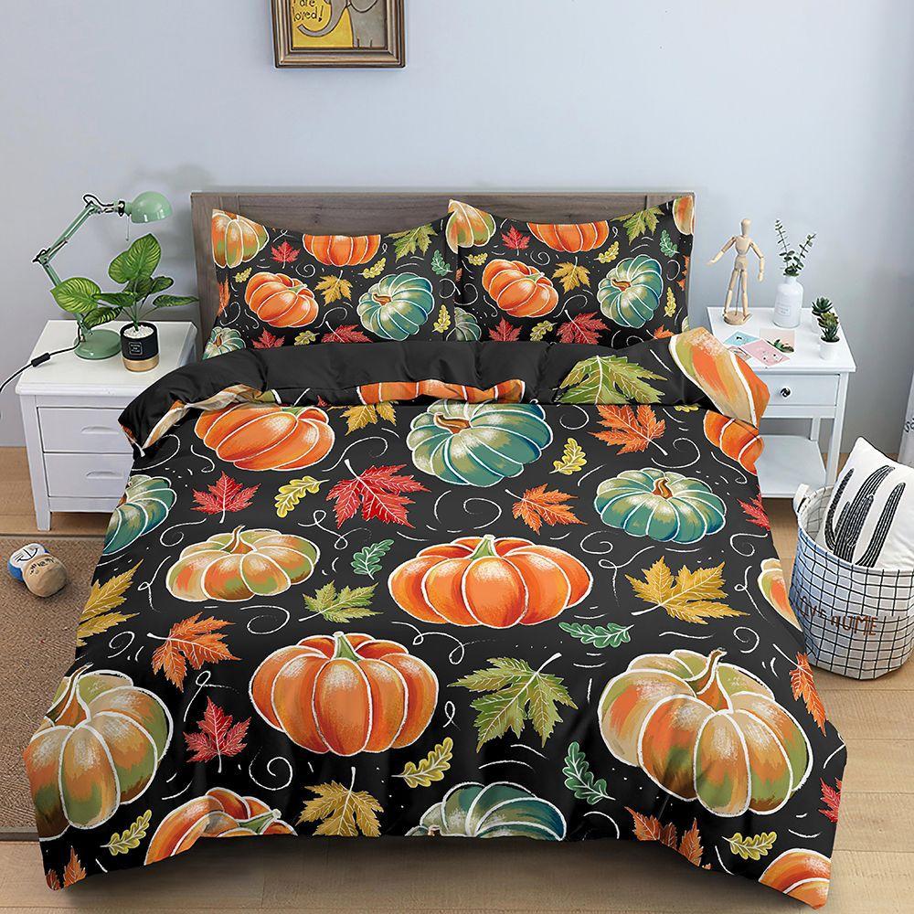 Bedding Set Evil Maple Leaf Pumpkin Theme Print Quilt Cover and Pillowcase 2/3 Pieces EU/US/AU/UK Single Double Bed Home Decoration