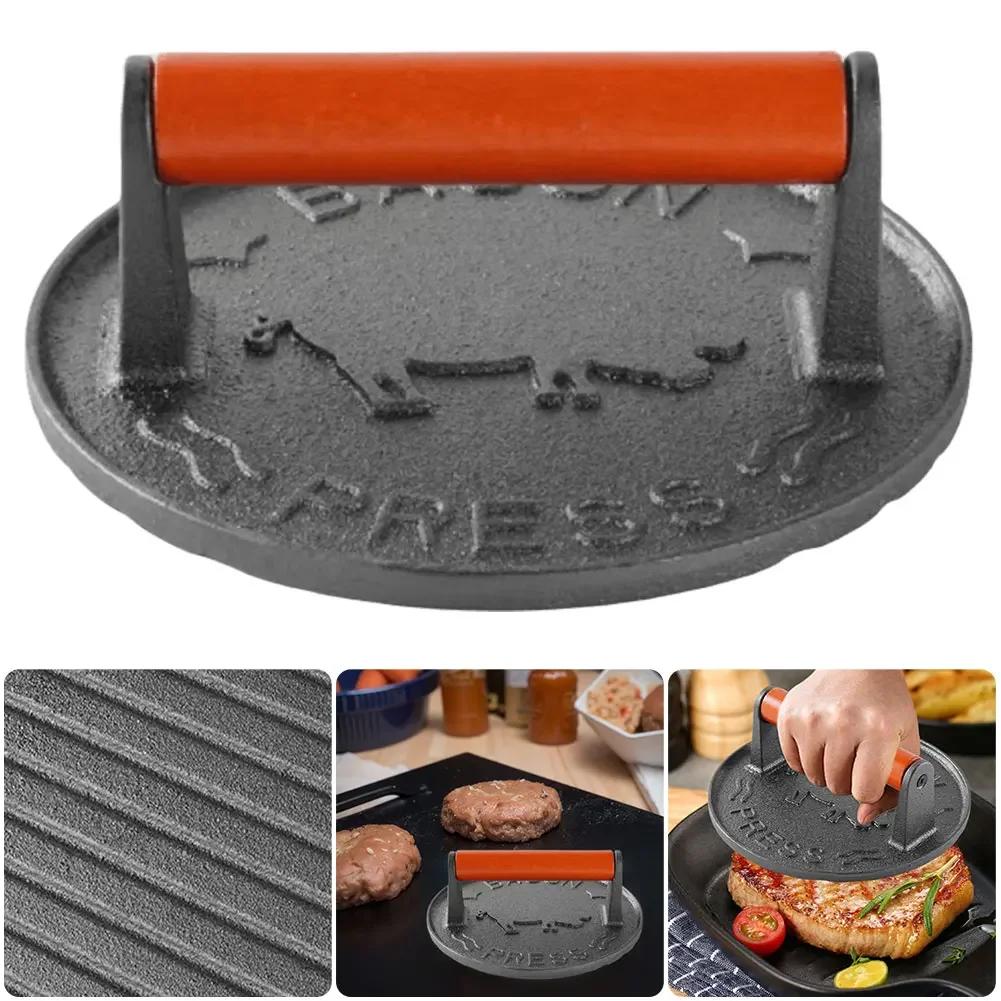 Пресс для бургеров из чугуна, прочная форма для котлет с деревянной ручкой, пресс для мяса в бургере, 7,09 дюйма, антиожоговый для грилей