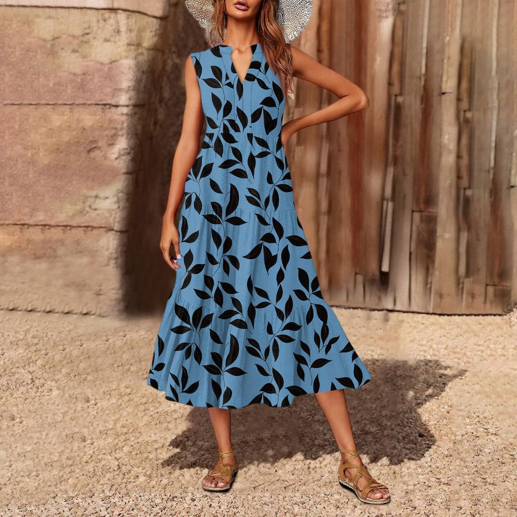 Women's Casual And Fashionable V-neck Sleeveless Printing Mid Length Dress