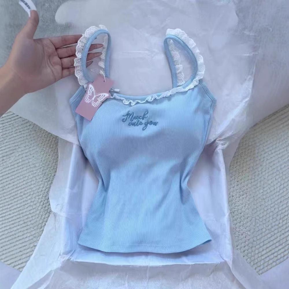 Дофаминовый синий кружевной топ-майка с подкладкой - Женская одежда для дома/улицы с красивым дизайном спины.