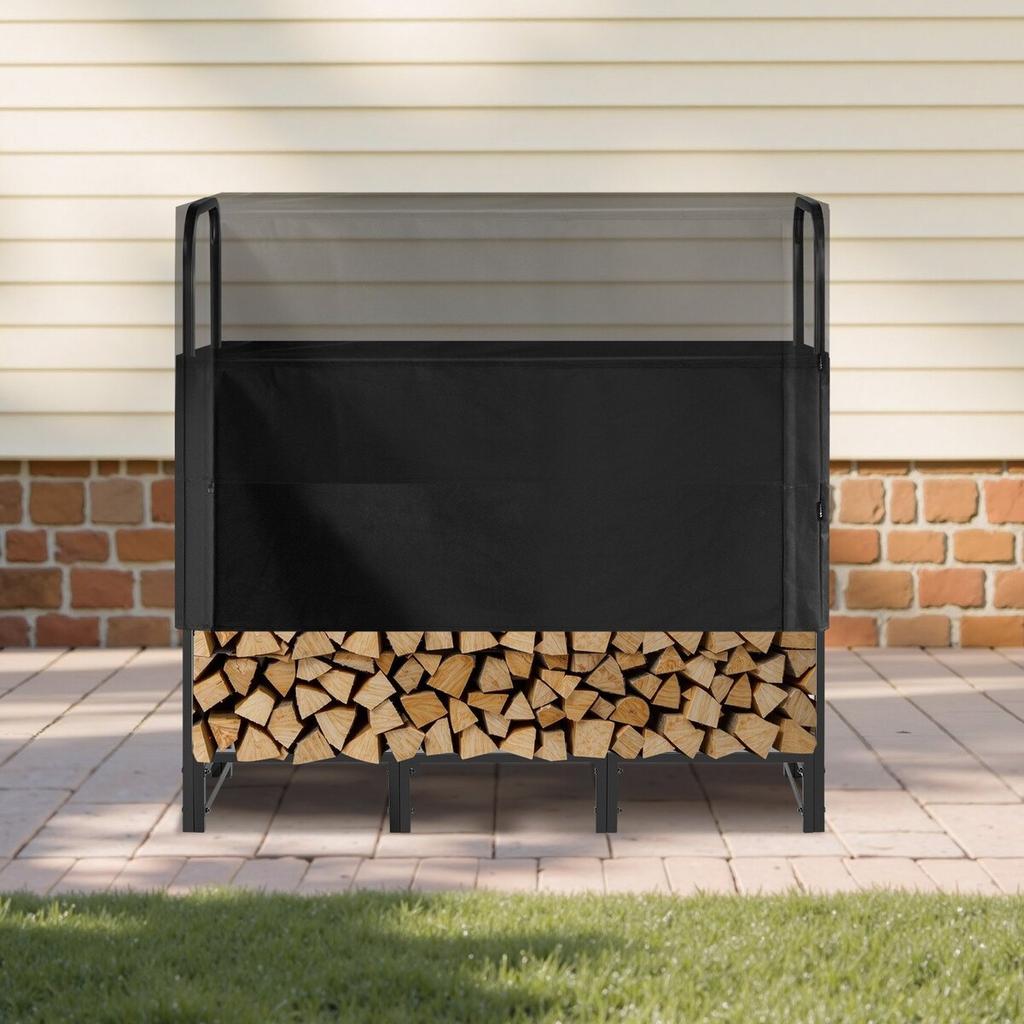 Firewood Rack with Waterproof Cover, 1.22m Outdoor Firewood Holder, 1/4 Cord Storage Metal Log Holder, 400lb Max Weight Capacity, Top Covered,