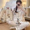 Cartoon Little Brown Bear Cloud Cotton Thin Pajamas Women'S Short-Sleeved Three-Piece Set Spring And Summer Soft Waxy Casual Loungewear