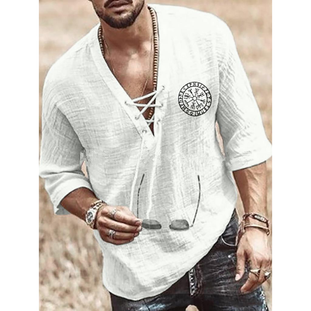 Men's Spring Summer Casual Fashion Drawstring Cotton Linen Solid Colour V-neck Long Sleeve