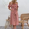 Summer Women's Off Shoulder Solid Color Lace Up Pleated Long Pocket Loose Dress