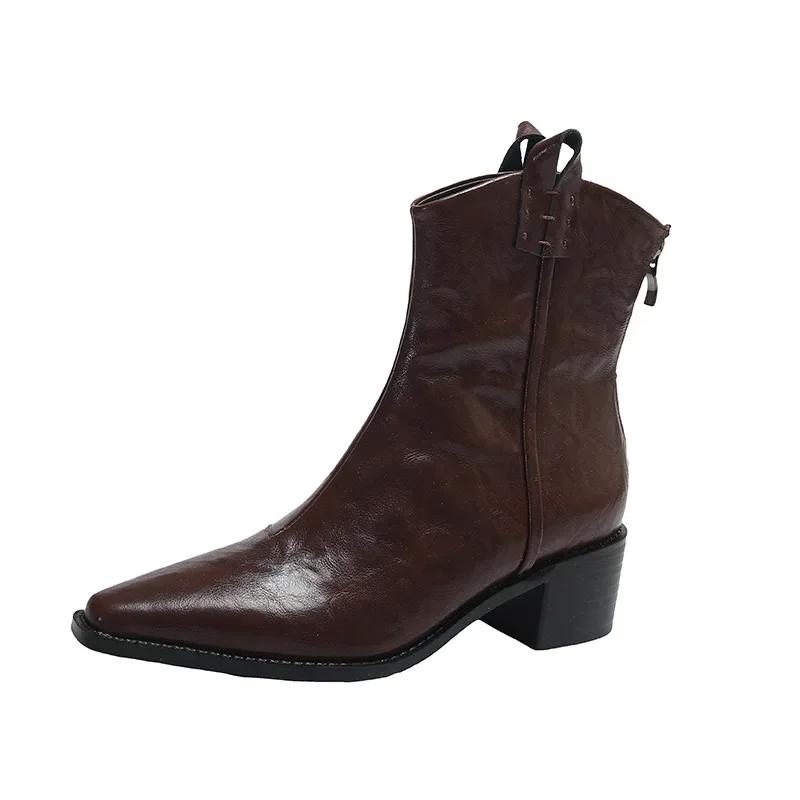 Fashion Women Fashion Chunky Heel Ankle Boots Fashion Solid Color Design Booties Women Autumn New Pointy Cowboy Boots Soft Leather Shoes