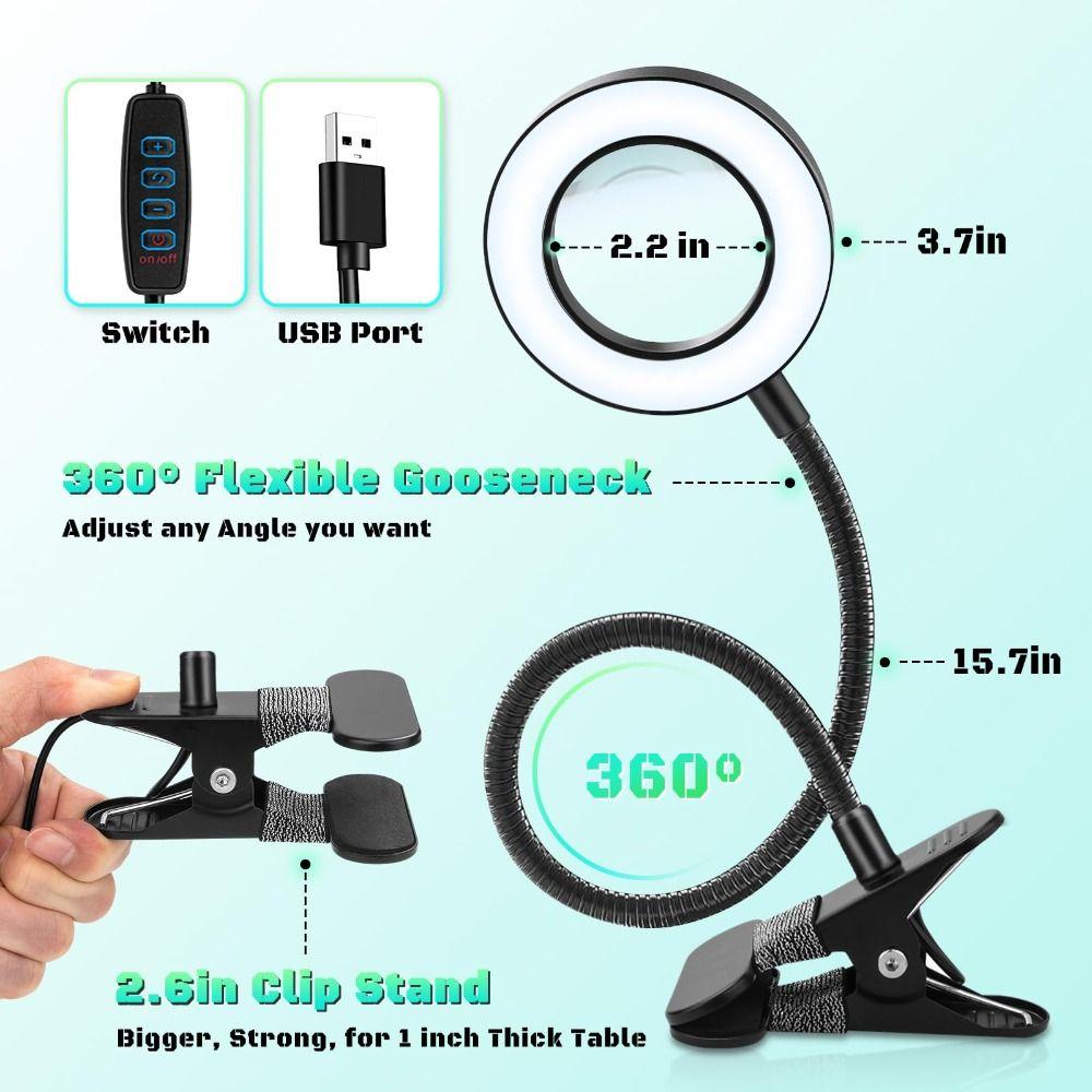 360°Flexible Gooseneck Magnifying Glass with Light 5X Lighted Desk Lamp Night Clip  Jewelry Making