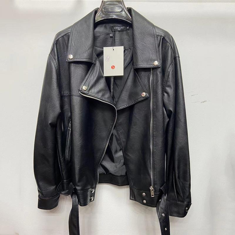 Женская кожаная куртка средней длины, весна и осень, корейский стиль, мотоциклетная кожаная куртка в стиле BF, куртка из искусственной кожи в гонконгском стиле, куртка оверсайз