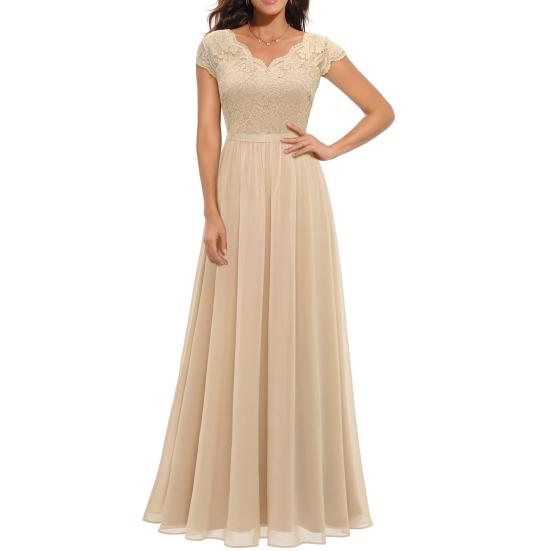 Women's Lace V-Neck Evening Dress Long A-Line Chiffon Bridesmaid Dress Mother of The Bride Wedding Guest Maxi Dress for Party Prom