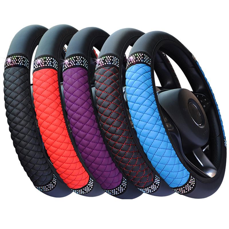 Universal 37-38cm PU Leather Bling Car Steering Wheel Cover Rhinestone Steering-Wheel Covers Auto Interior Decor