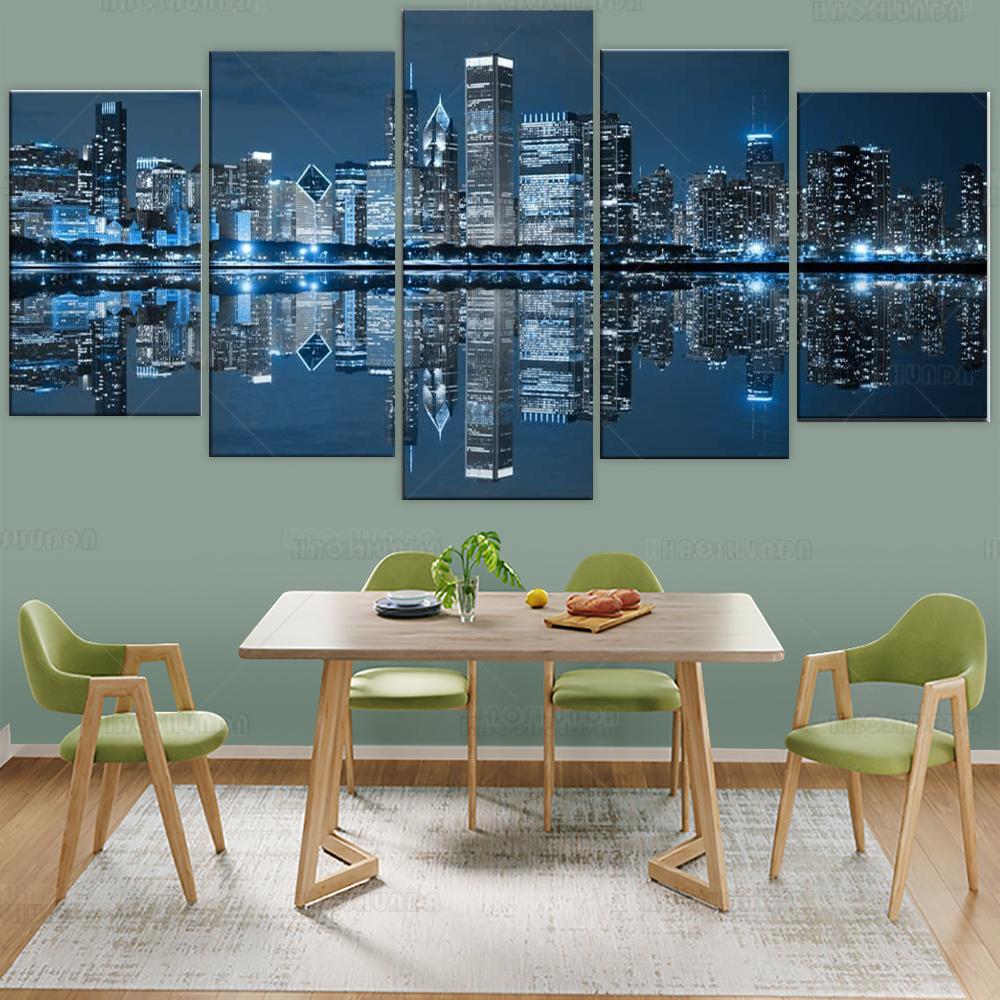 Чикаго Центр города ночью Картина на холсте Современное городское настенное искусство 5 панелей для офиса, гостиной, украшения стены