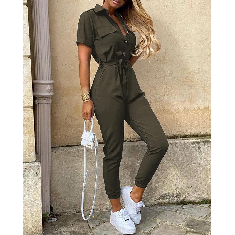 Spot 2026 spring and summer popular European and American women's clothing casual lapel printed belt tooling jumpsuit