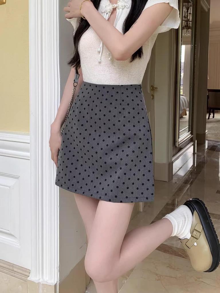 Женская юбка-трапеция большого размера в черный горошек, короткая - Универсальная, облегающая бедра, Подходит для миниатюрных, для весны/осени