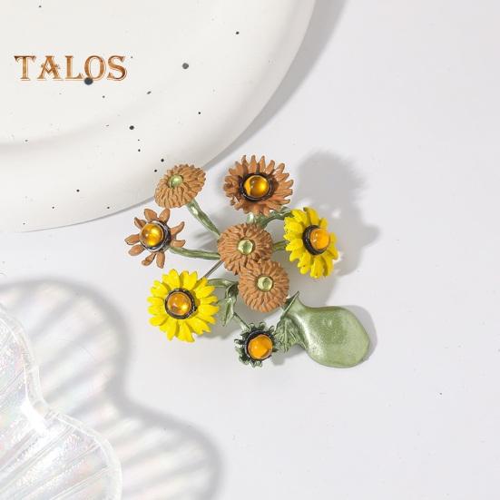 Women Brooch Sunflower Vase Shape Enamel Vintage Anti-slip Suit Coat Collar Hat Scarf Decoration Clothes Pin Prom Party Garment Jewelry