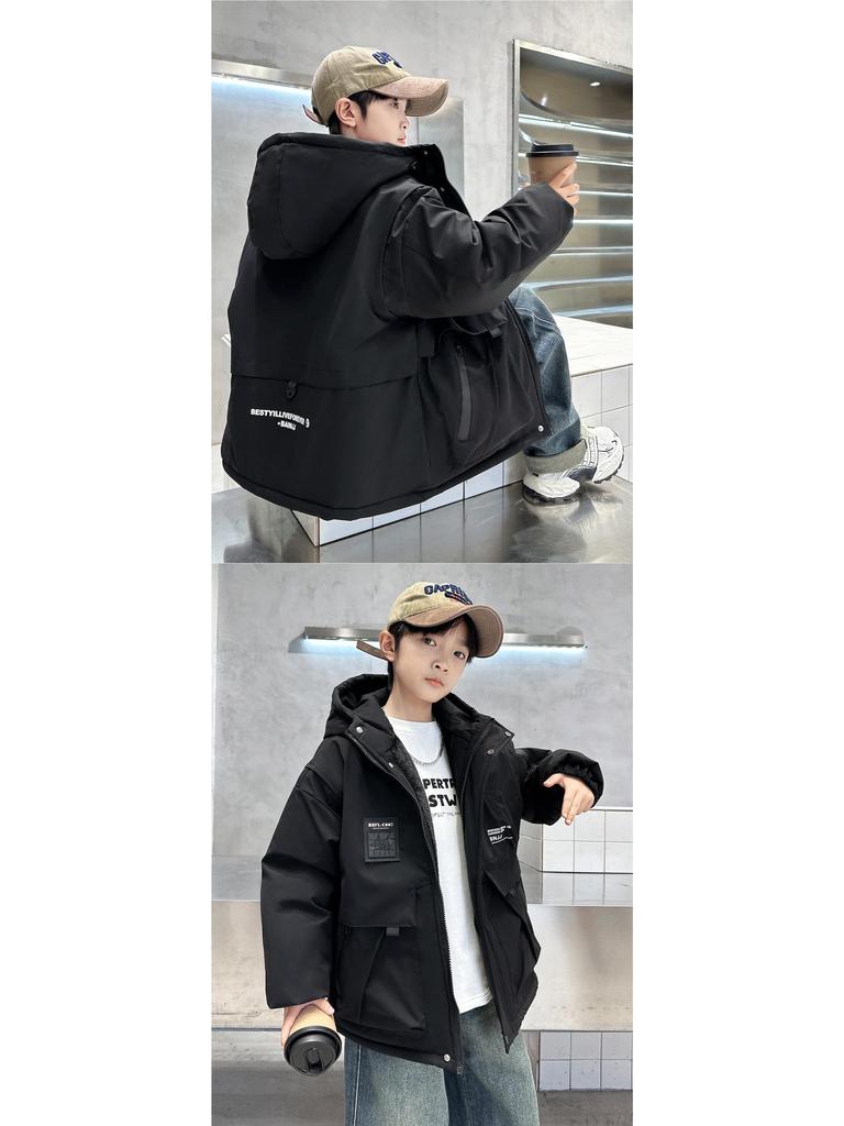 Куртка-ветровка стеганая с капюшоном для мальчиков 2025: Стильный повседневный топ на осень/зиму для мальчиков-подростков