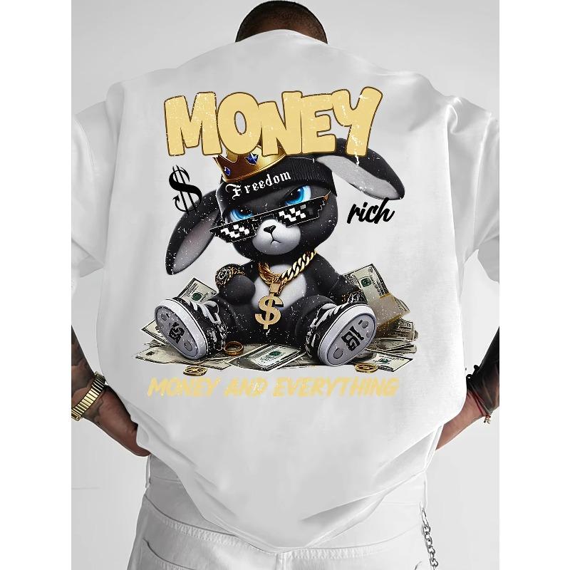 MONEY AND EVERYTHING T-Shirt – Black Oversized Short Sleeve Tee, Rich Bunny Rabbit Graphic with Crown & Dollar, Hip Hop Streetwear