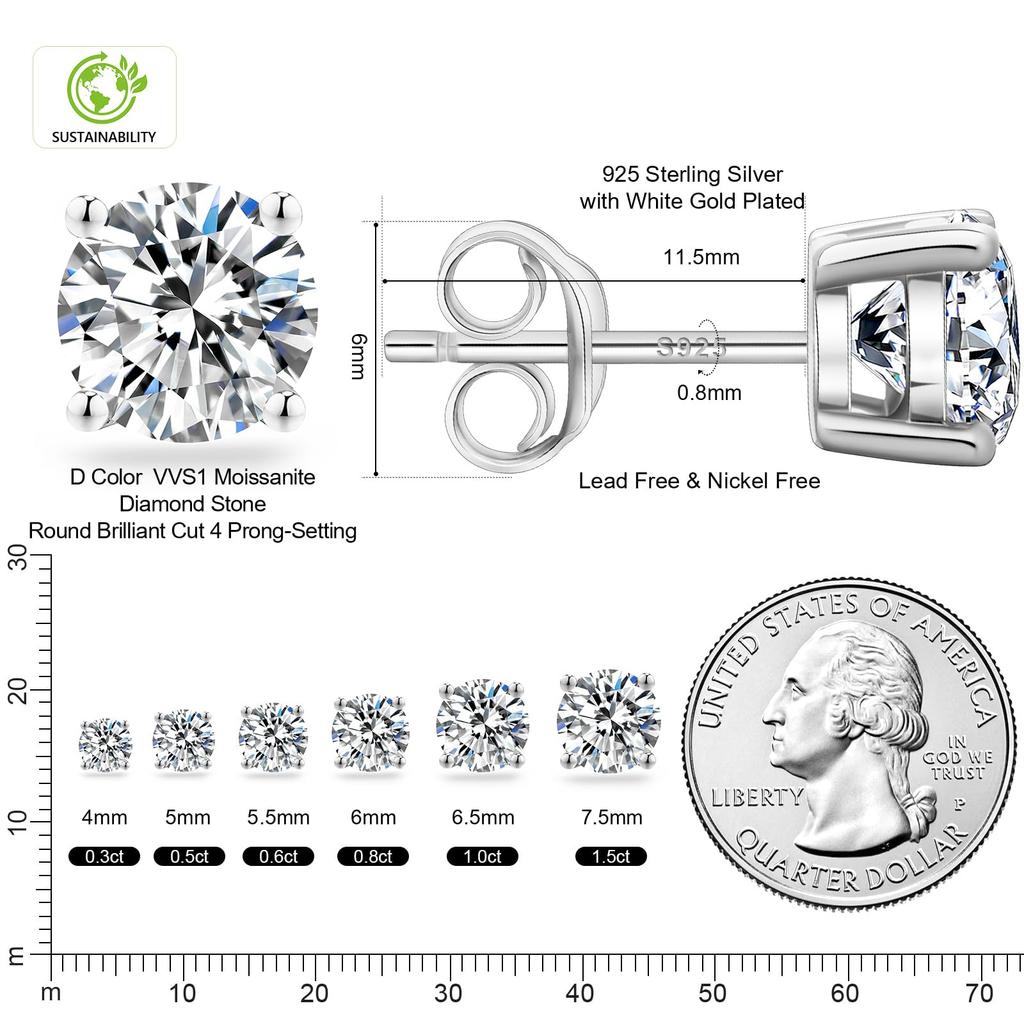 Luxury 3ct 2ct 1ct Diamond Stud 925 Sterling Silver Women Jewelry 14K Gold Plated VVS GRA Certificate Moissanite Earring Men